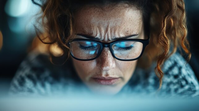 This image showcases a close-up view of a curly-haired woman deeply focused on her computer screen, symbolizing engagement, determination, and technological proficiency.