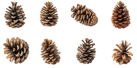 Realistic Pine Cones Collection in Various Sizes. A set of eight pine cones in different shapes and sizes, symbolizing nature, forest, and autumn themes