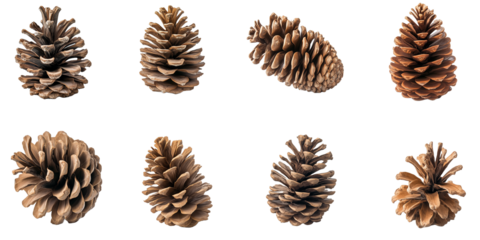Realistic Pine Cones Collection in Various Sizes. A set of eight pine cones in different shapes and sizes, symbolizing nature, forest, and autumn themes