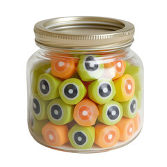 Colorful candies in a jar, featuring vibrant green, orange, and black designs. Perfect for Halloween or party themes.