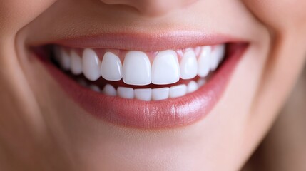 Fototapeta premium Close-up of a woman's smile, showcasing perfectly white teeth and healthy gums. The soft lighting and gentle focus create a warm and inviting mood.