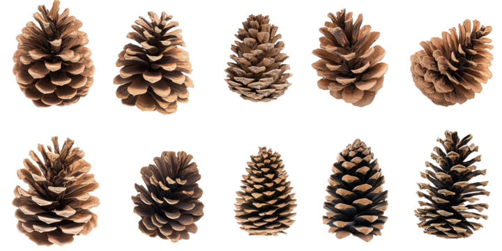 Realistic Pine Cones Collection in Various Sizes. A set of eight pine cones in different shapes and sizes, symbolizing nature, forest, and autumn themes