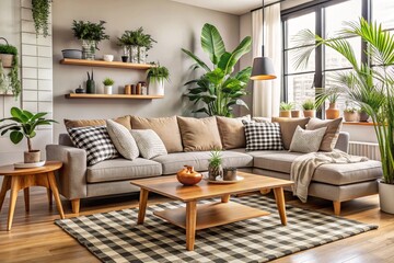 Modern interior of open space with design modular sofa, furniture, wooden coffee tables, plaid, pillows, tropical plants and elegant personal accessories in stylish home decor. Neutral living room