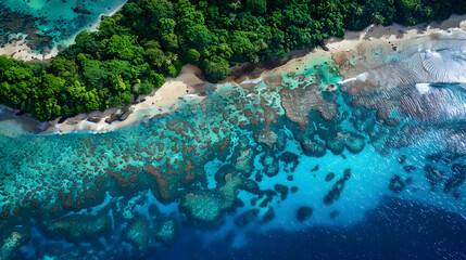 Aerial View of Tropical Island with Coral Reef and Lush Green Forest