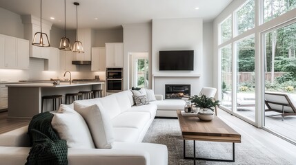 Fototapeta premium A modern living room featuring white furniture, a fireplace, large windows with a view of the outdoors, and contemporary decor, creating a bright and cozy atmosphere.