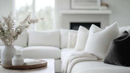 Close-up of a cozy and inviting white sectional sofa adorned with soft, textured pillows and throws, placed in a bright living space with large windows, showcasing light and comfort.