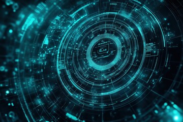 Dynamic and futuristic digital background featuring a glowing, high-tech interface with circular elements and a digital grid design