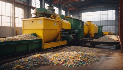 In a well-lit recycling facility, large yellow and green machinery is efficiently processing heaps of plastic waste. Sunlight streams through the windows, illuminating the workspace