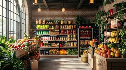A charming, rustic grocery store with shelves stocked with fresh produce, canned goods, and other pantry staples.