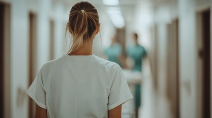 A nurse is seen from the back walking down a hospital corridor, with other medical staff members in green uniforms visible in the background, moving towards a patient room.