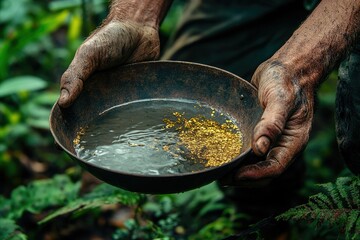 A prospector’s weathered hands holding a gold pan filled with water, sand, and gleaming gold flecks, surrounded by dense green forest