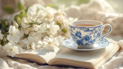 Fototapeta premium Tea Time with Blossoms and a Book