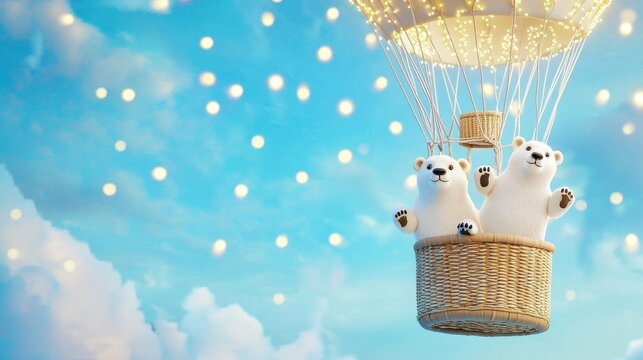 Polar bears in a hot air balloon with Christmas lights, holiday adventure, 3D illustration