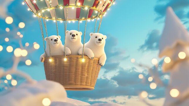 Polar bears in a hot air balloon with Christmas lights, holiday adventure, 3D illustration
