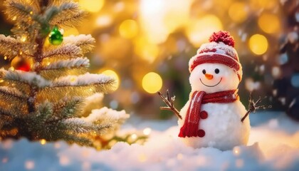 Snowman smiling and standing in snowfall with Christmas ornament. Winter morning landscape, bokeh forest background
