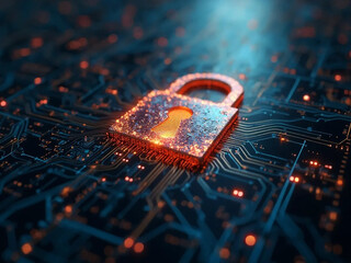 Fototapeta premium Digital lock icon over a circuit board