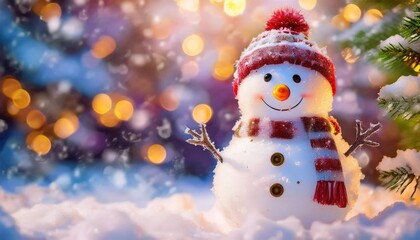 Fototapeta premium Snowman smiling and standing in snowfall with Christmas ornament. Winter morning landscape, bokeh forest background