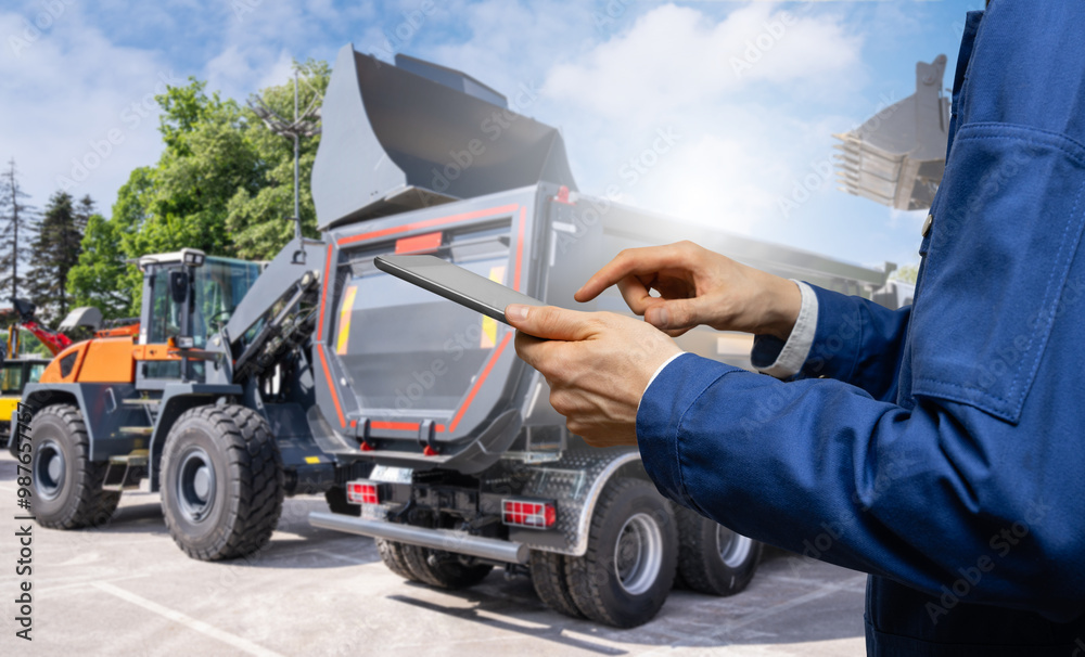 Poster hands with a digital tablet on the background of construction machines