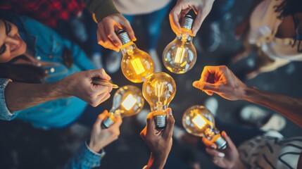 A group of friends hold up light bulbs, symbolizing their shared ideas and creativity.