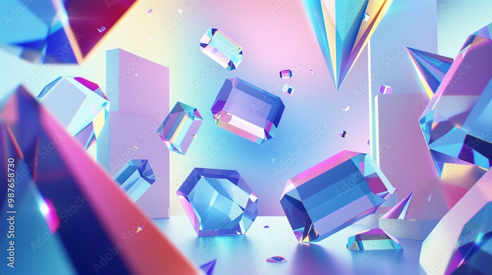 Poster a vibrant and abstract composition of colorful geometric shapes. the iridescent colors and sharp ang