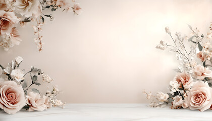 Elegant Floral Arrangement of Roses and flowers as decoration: Wedding Interior Background, Invitation Card Template, Celebration Wallpaper, with Space for Text for Weddings, Anniversaries, and Events