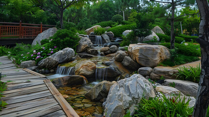 Serene Japanese Garden with Water Feature and Stone Pathway