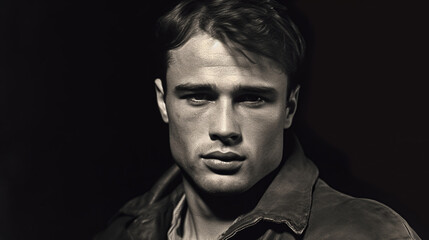 Obraz premium Black and white portrait of a young man in a vintage style, emphasizing strong facial features against a dark background