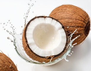 Flat lay of Coconut juice splash in half fruit isolated on white background. Ai generated image.