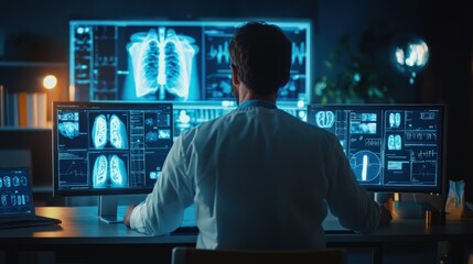 Naklejka premium An online medical consultation, where a patient discusses symptoms with a doctor through a video call, surrounded by digital health tools and a seamless virtual interface