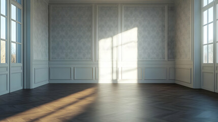 Obraz premium Sunlight Streaming Through Windows in a Room with White Walls and Wood Floor - 3D Illustration