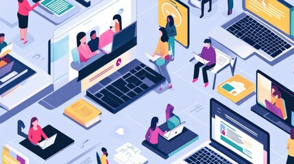 Fototapeta premium An online education scene, where students are engaged with a teacher via video call, using laptops and tablets to access learning materials in a virtual environment