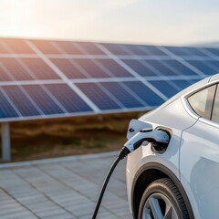 Electric car charging with solar panels in the background, sustainable energy concept.