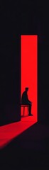 Silhouette of a person in a doorway with red light, dark background.
