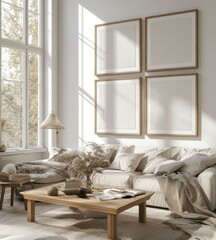 Cozy Living Room with Four Blank Frames