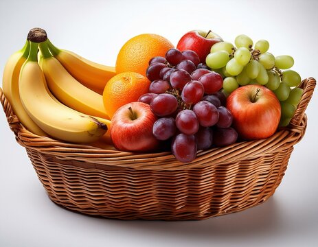Freigestellter Obstkorb mit frischen Fr&uuml;chten &ndash; Ideal f&uuml;r Werbung im Bereich gesunde Ern&auml;hrung 