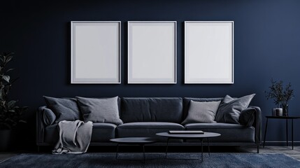 Modern Living Room with Blue Tones and Blank Frames