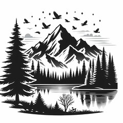 Monochrome mountain landscape with forest and birds for t-shirts