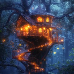 Naklejka premium Whimsical treehouse in heavy rain with glowing lights, magical forest scene