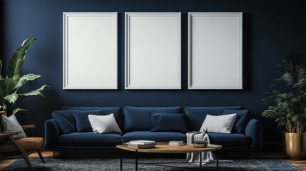 Modern Living Room with Navy Blue Sofa and Empty Frames