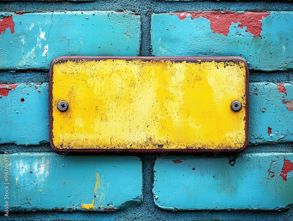 Wall mural a blank yellow sign attached to a colorful brick wall waits for new information