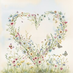 Delicate floral heart with butterflies in soft pastel watercolor style