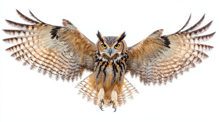 Fototapeta premium A captivating image of a majestic owl in mid-flight, its wings outstretched, displaying the intricate feather patterns and intense gaze against a clean white background.