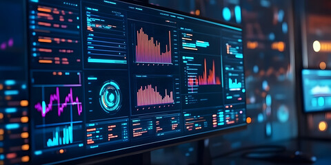 Computer monitor displaying an abstract network monitoring dashboard with real-time data analytics, graphs, and system health indicators, generative ai