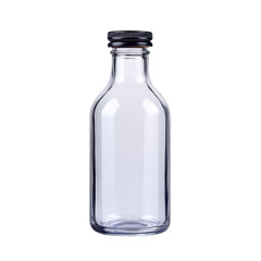 Empty glass bottle with a black lid, white isolate background.