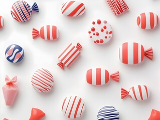 Fototapeta premium Visually striking 3D rendered flat of various colorful and geometric candy wrappers against a clean white background Stylized confectionery packaging design with modern minimal and elements