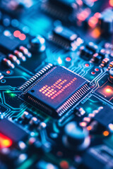 Obraz premium A close up of an advanced microchip on top with colorful circuit patterns glowing in the background 