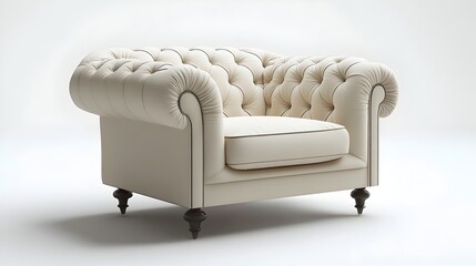 Visually striking 3D rendering of a sophisticated and comfortable tufted wingback chair with elegant curved design showcased in a minimalist white background setting