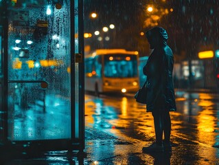 Alone in the rainy city at night,a solitary figure stands in the dim glow of neon lights and reflections.