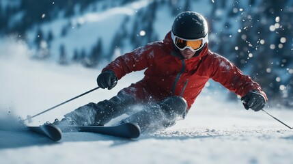 Skier Racing Down a Snowy Mountain Under Bright Sun and Clear Blue Sky
