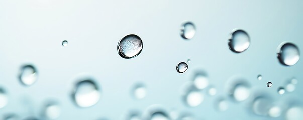 A close-up view of floating water droplets, crystal-clear, against a soft blue background, suspended in mid-air, copy space